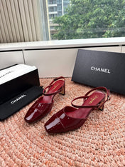 CHANEL 26S SQUARE TOE HIGH HEELS SLINGBACKS IN RED CALFSKIN
