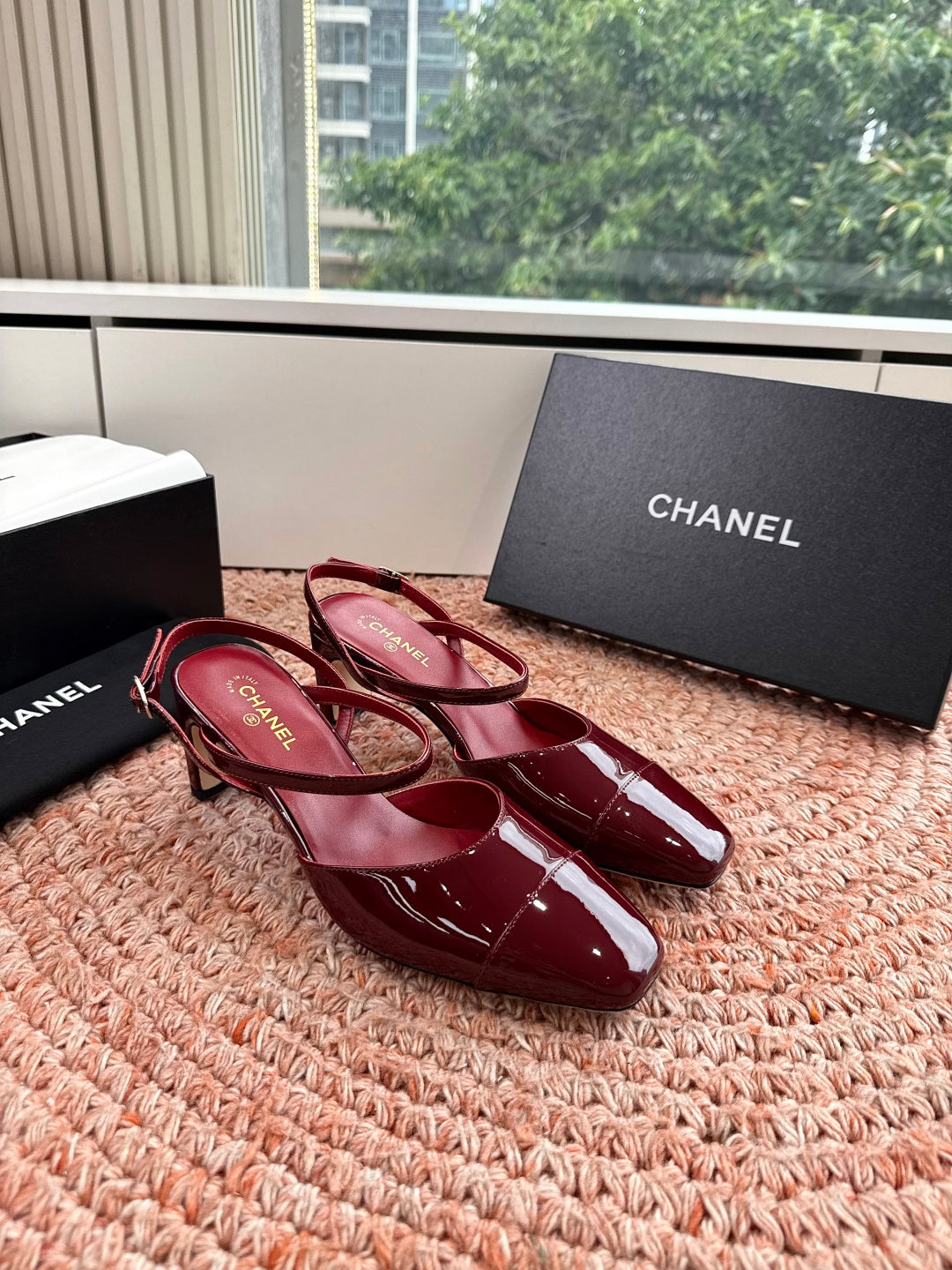 CHANEL 26S SQUARE TOE HIGH HEELS SLINGBACKS IN RED CALFSKIN