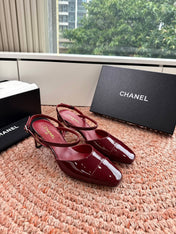 CHANEL 26S SQUARE TOE HIGH HEELS SLINGBACKS IN RED CALFSKIN