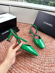 CHANEL 26S SQUARE TOE HIGH HEELS SLINGBACKS IN GREEN CALFSKIN