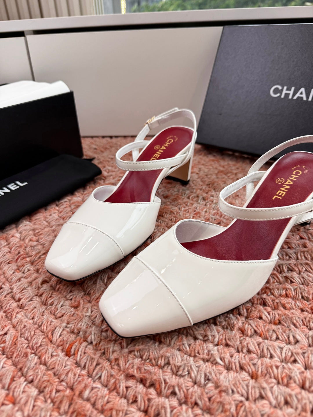 CHANEL 26S SQUARE TOE HIGH HEELS SLINGBACKS IN WHITE CALFSKIN