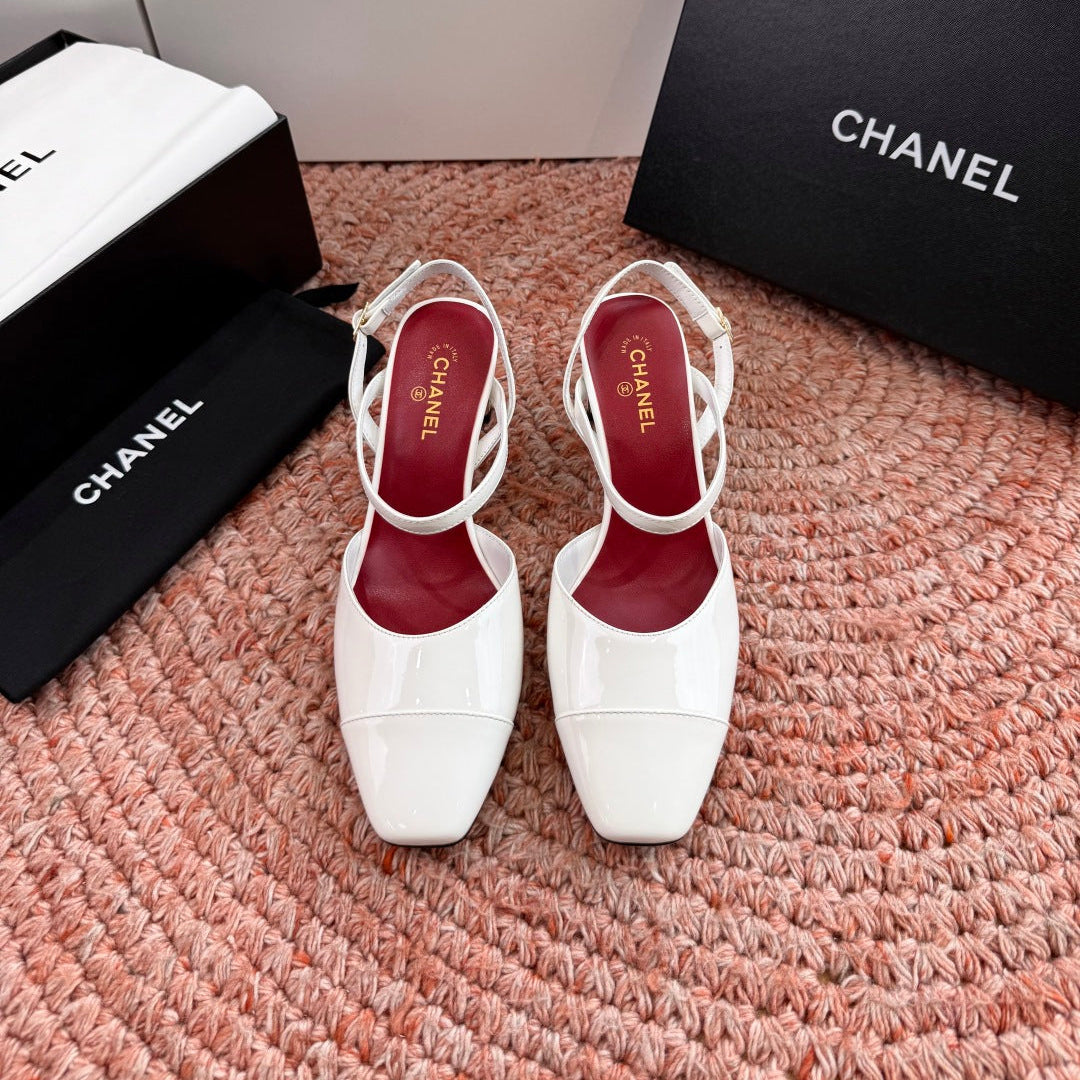 CHANEL 26S SQUARE TOE HIGH HEELS SLINGBACKS IN WHITE CALFSKIN