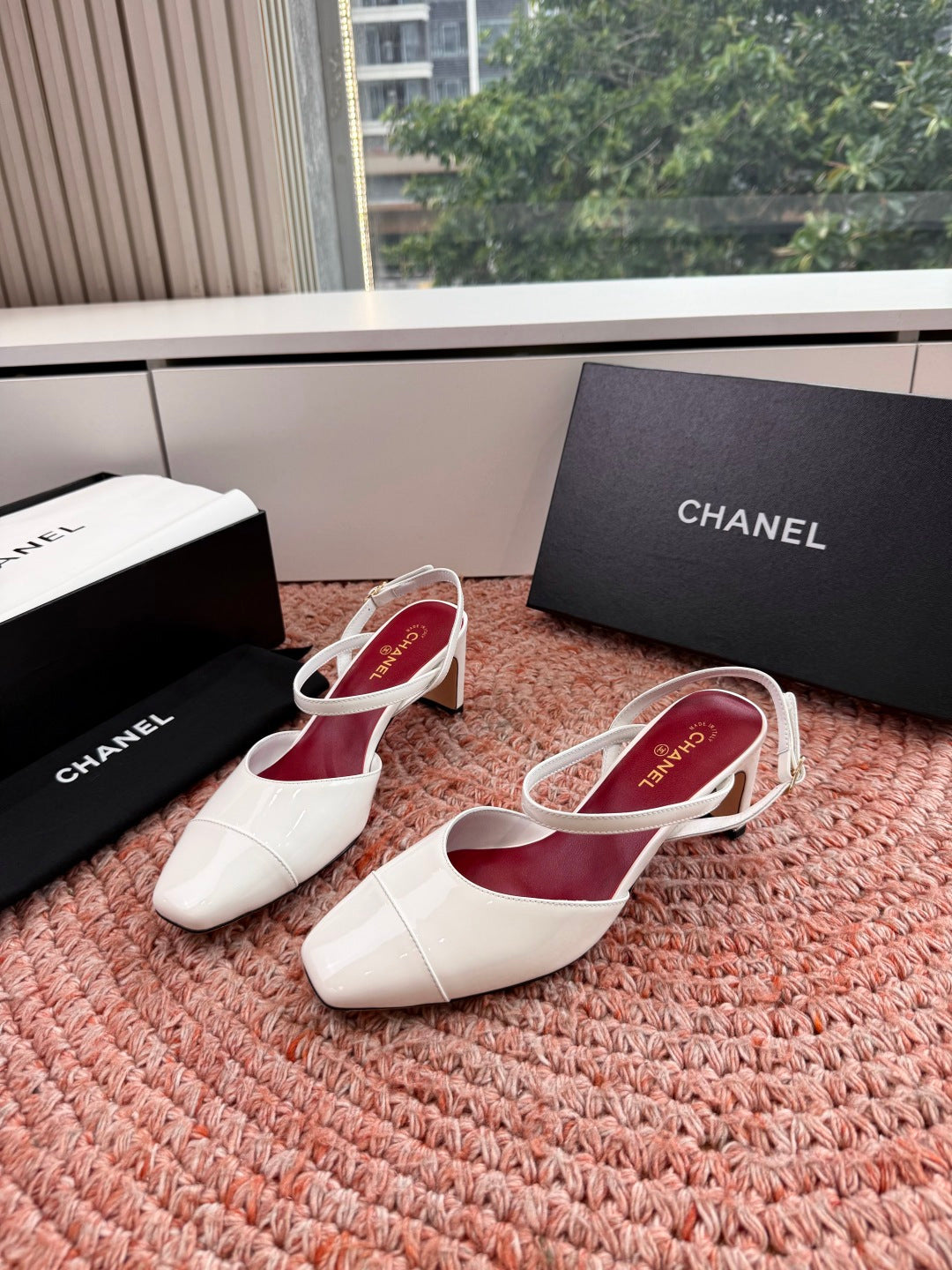 CHANEL 26S SQUARE TOE HIGH HEELS SLINGBACKS IN WHITE CALFSKIN