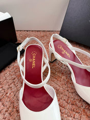 CHANEL 26S SQUARE TOE HIGH HEELS SLINGBACKS IN WHITE CALFSKIN