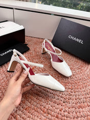 CHANEL 26S SQUARE TOE HIGH HEELS SLINGBACKS IN WHITE CALFSKIN