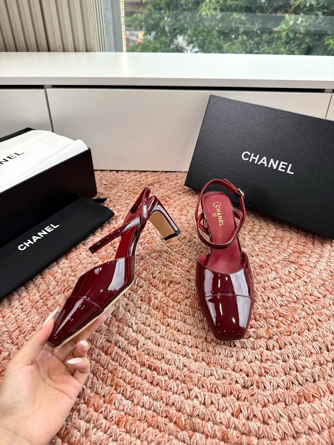 CHANEL 26S SQUARE TOE HIGH HEELS SLINGBACKS IN RED CALFSKIN