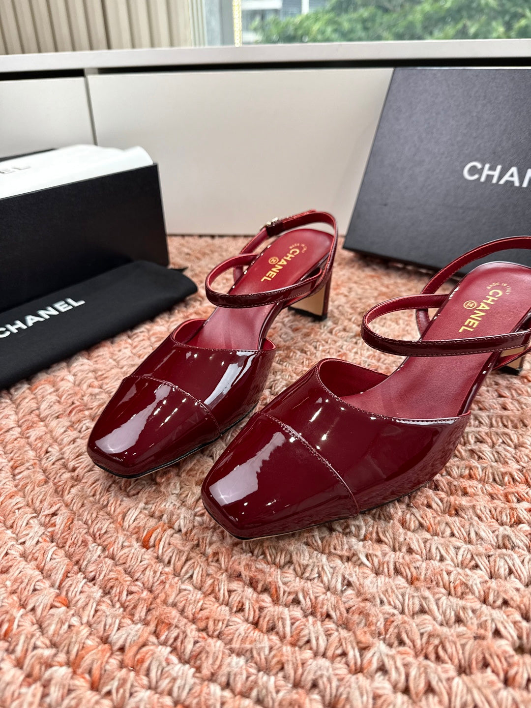 CHANEL 26S SQUARE TOE HIGH HEELS SLINGBACKS IN RED CALFSKIN