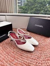 CHANEL 26S SQUARE TOE HIGH HEELS SLINGBACKS IN WHITE CALFSKIN