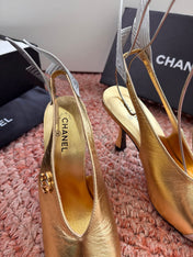 CHANEL 26S POINTED TOE HIGH HEEL SLINGBACKS IN GOLD MIX SILVER LAMBSKIN WITH FLORAL APPLIQUE