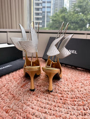 CHANEL 26S POINTED TOE HIGH HEEL SLINGBACKS IN GOLD MIX SILVER LAMBSKIN WITH FLORAL APPLIQUE