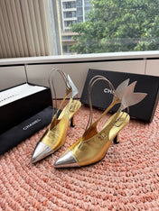 CHANEL 26S POINTED TOE HIGH HEEL SLINGBACKS IN GOLD MIX SILVER LAMBSKIN WITH FLORAL APPLIQUE
