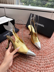 CHANEL 26S POINTED TOE HIGH HEEL SLINGBACKS IN GOLD MIX SILVER LAMBSKIN WITH FLORAL APPLIQUE