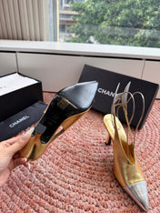 CHANEL 26S POINTED TOE HIGH HEEL SLINGBACKS IN GOLD MIX SILVER LAMBSKIN WITH FLORAL APPLIQUE