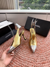 CHANEL 26S POINTED TOE HIGH HEEL SLINGBACKS IN GOLD MIX SILVER LAMBSKIN WITH FLORAL APPLIQUE