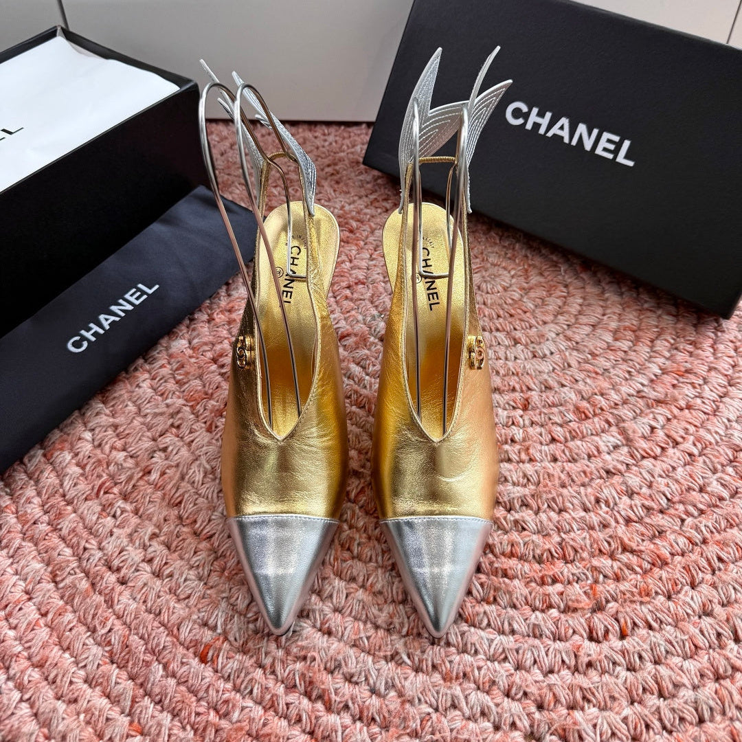 CHANEL 26S POINTED TOE HIGH HEEL SLINGBACKS IN GOLD MIX SILVER LAMBSKIN WITH FLORAL APPLIQUE