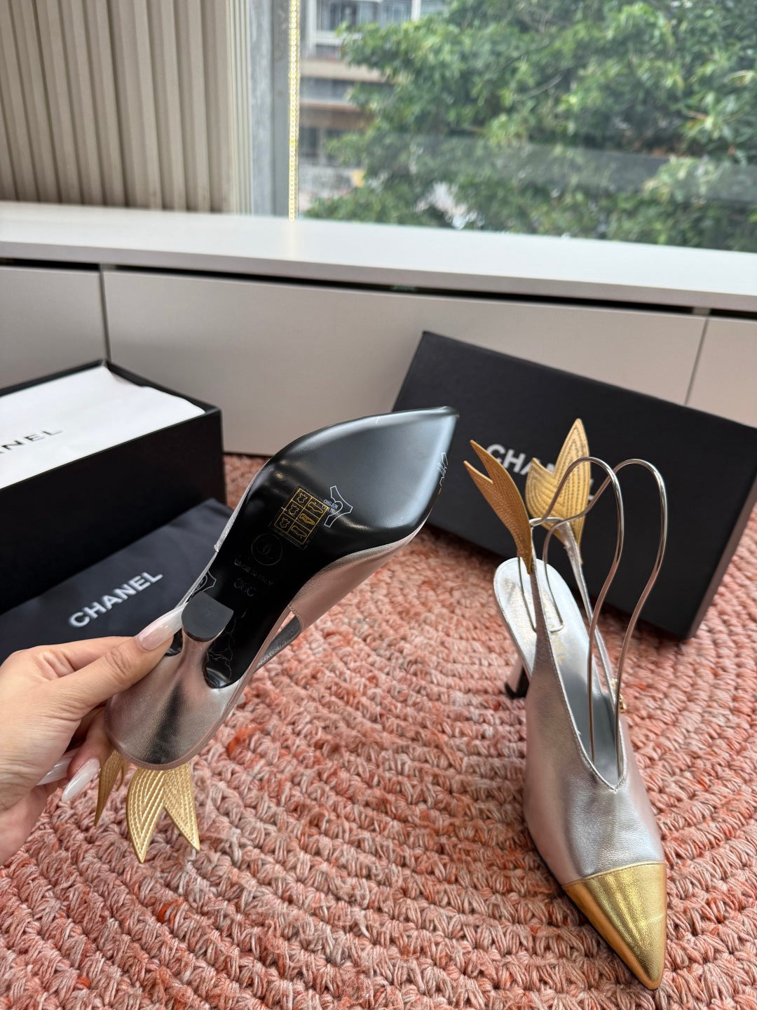 CHANEL 26S POINTED TOE HIGH HEEL SLINGBACKS IN GOLD AND SILVER LAMBSKIN WITH FLORAL APPLIQUE