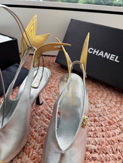 CHANEL 26S POINTED TOE HIGH HEEL SLINGBACKS IN GOLD AND SILVER LAMBSKIN WITH FLORAL APPLIQUE