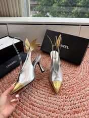 CHANEL 26S POINTED TOE HIGH HEEL SLINGBACKS IN GOLD AND SILVER LAMBSKIN WITH FLORAL APPLIQUE