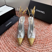 CHANEL 26S POINTED TOE HIGH HEEL SLINGBACKS IN GOLD AND SILVER LAMBSKIN WITH FLORAL APPLIQUE