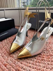 CHANEL 26S POINTED TOE HIGH HEEL SLINGBACKS IN GOLD AND SILVER LAMBSKIN WITH FLORAL APPLIQUE