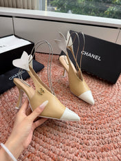 CHANEL 26S POINTED TOE HIGH HEEL SLINGBACKS IN BEIGE AND WHITE LAMBSKIN WITH FLORAL APPLIQUE