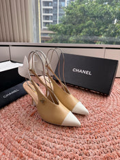 CHANEL 26S POINTED TOE HIGH HEEL SLINGBACKS IN BEIGE AND WHITE LAMBSKIN WITH FLORAL APPLIQUE