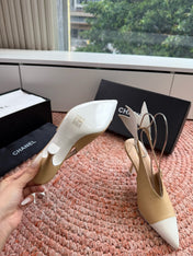 CHANEL 26S POINTED TOE HIGH HEEL SLINGBACKS IN BEIGE AND WHITE LAMBSKIN WITH FLORAL APPLIQUE