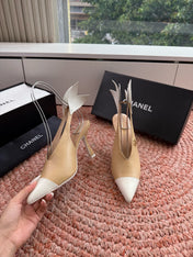 CHANEL 26S POINTED TOE HIGH HEEL SLINGBACKS IN BEIGE AND WHITE LAMBSKIN WITH FLORAL APPLIQUE