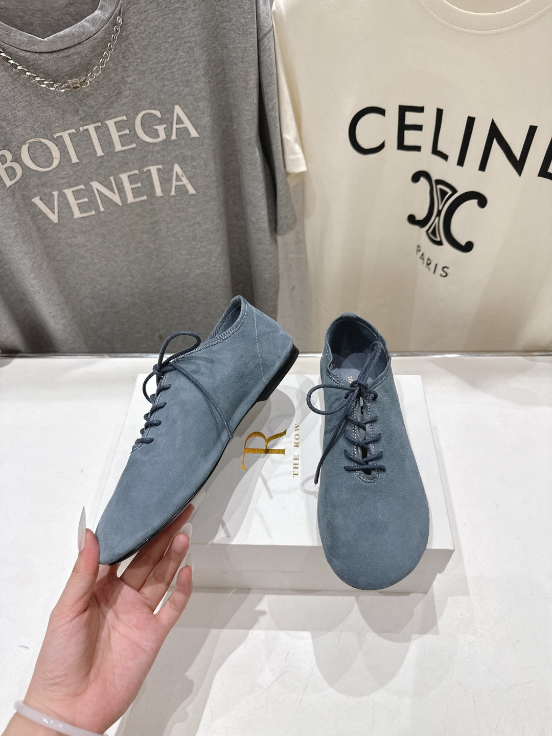 THE ROW 26S MINIMAL LACE-UP SHOES IN SLATE BLUE SUEDE