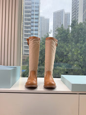 PRADA 26S BIKER BOOTS IN BEIGE CANVAS AND COGNAC BROWN CALFSKIN
