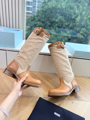 PRADA 26S BIKER BOOTS IN BEIGE CANVAS AND COGNAC BROWN CALFSKIN