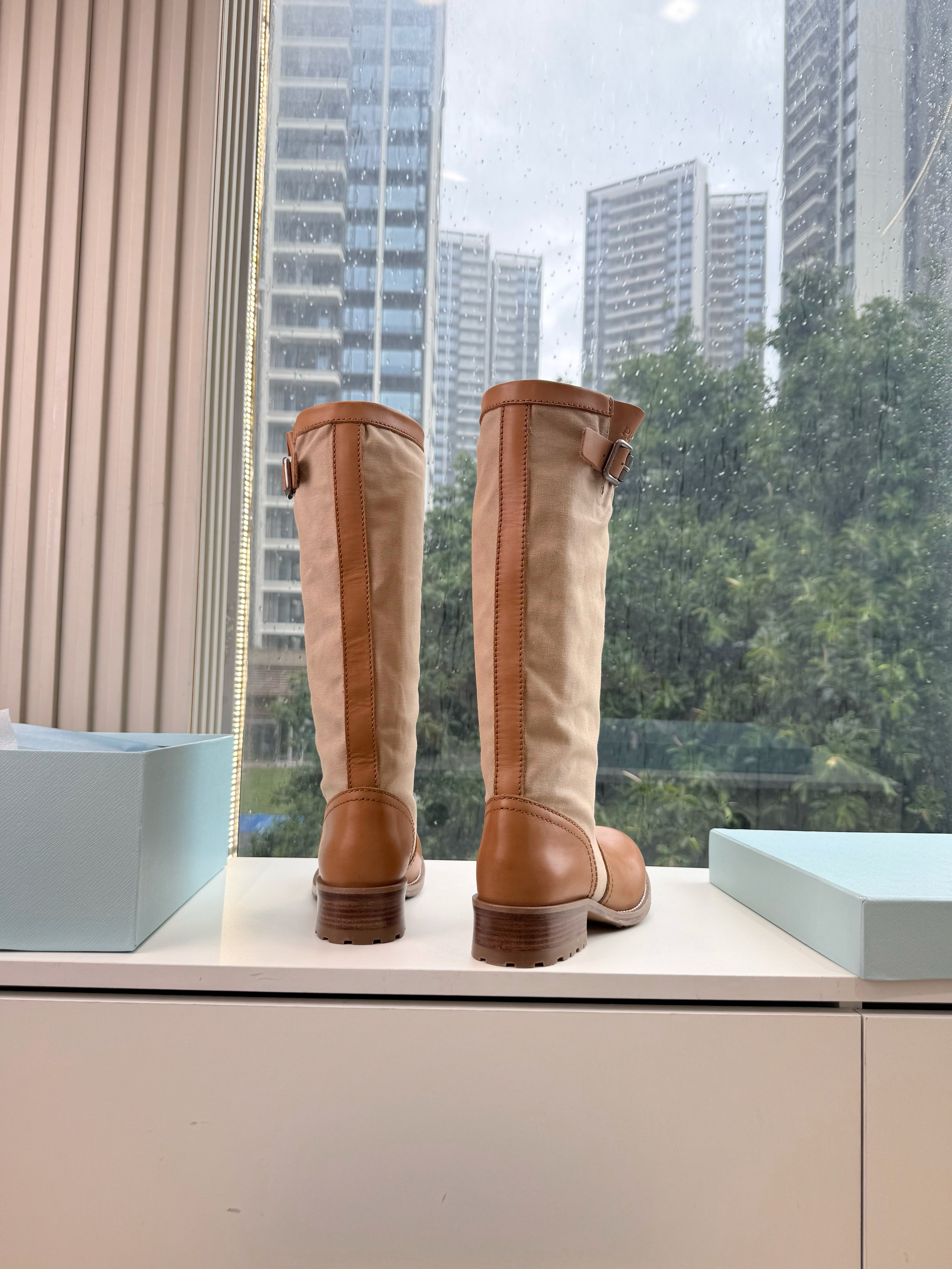 PRADA 26S BIKER BOOTS IN BEIGE CANVAS AND COGNAC BROWN CALFSKIN