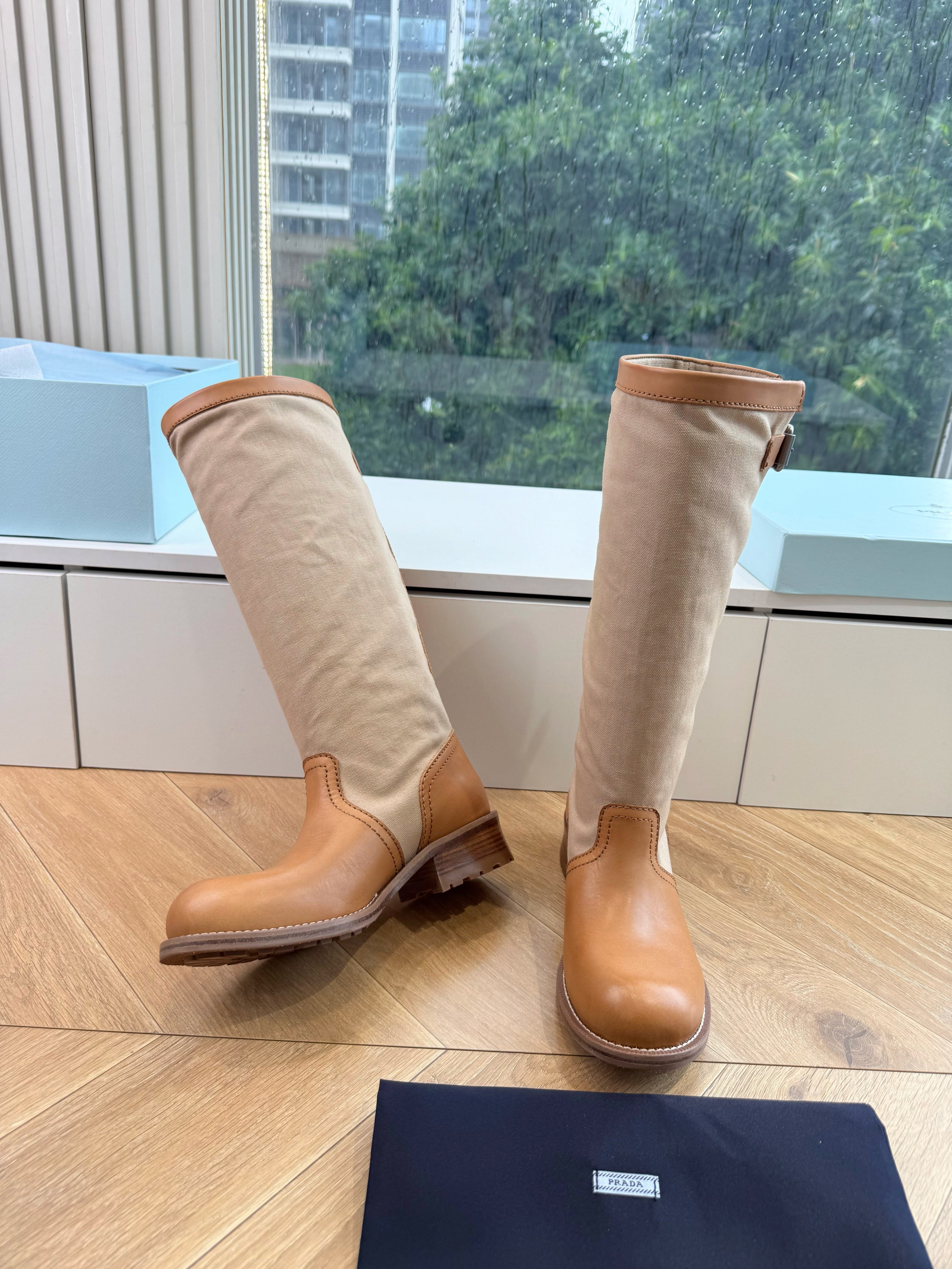 PRADA 26S BIKER BOOTS IN BEIGE CANVAS AND COGNAC BROWN CALFSKIN
