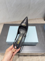 PRADA 26S POINTED TOE SLINGBACK HIGH HEELS 55MM IN BLACK SHEEPSKIN WITH LOGO