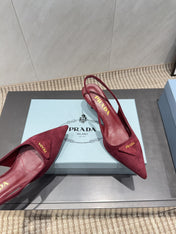 PRADA 26S POINTED TOE SLINGBACK HIGH HEELS 55MM IN DARK RED SUEDE WITH LOGO