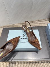PRADA 26S POINTED TOE SLINGBACK HIGH HEELS 55MM IN BROWN SUEDE WITH LOGO