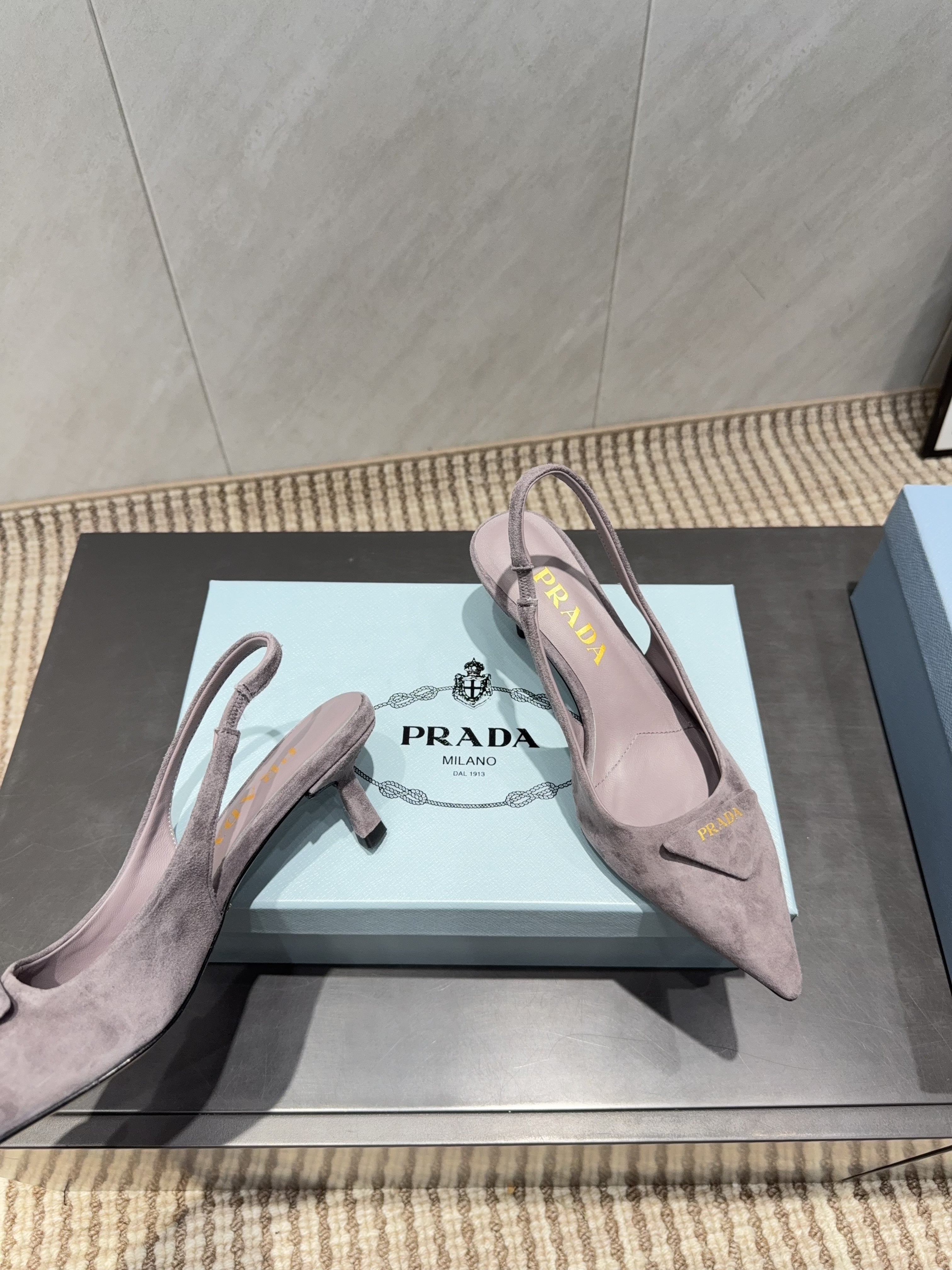 PRADA 26S POINTED TOE SLINGBACK HIGH HEELS 55MM IN TAUPE BROWN SUEDE WITH LOGO