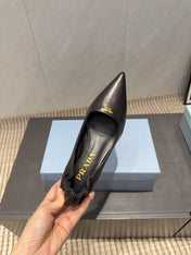 PRADA 26S POINTED TOE PUMPS 55MM IN BLACK SHEEPSKIN WITH LOGO