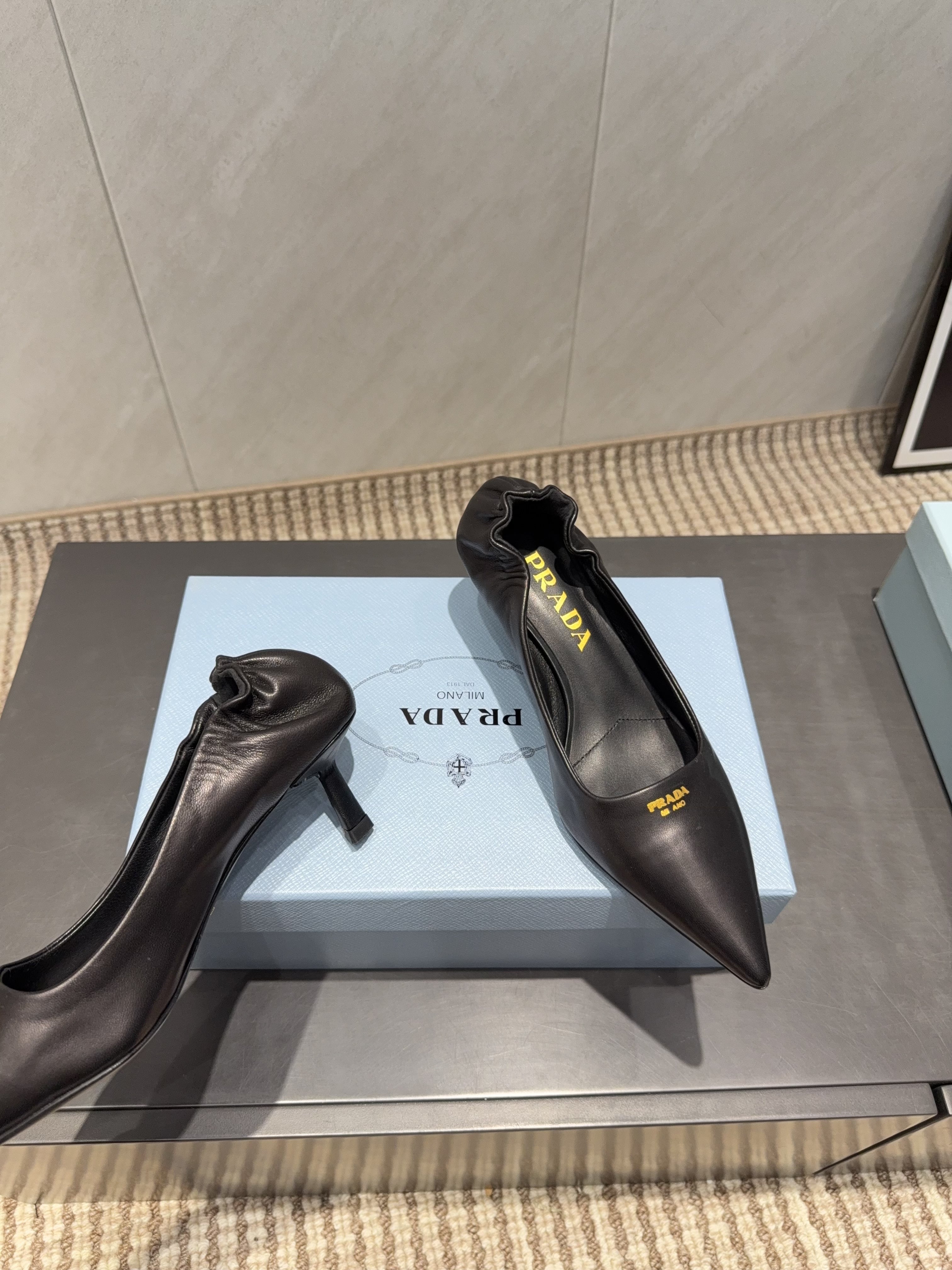 PRADA 26S POINTED TOE PUMPS 55MM IN BLACK SHEEPSKIN