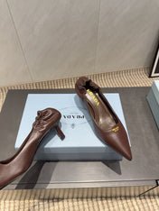 PRADA 26S POINTED TOE PUMPS 55MM IN DARK BROWN SHEEPSKIN WITH LOGO