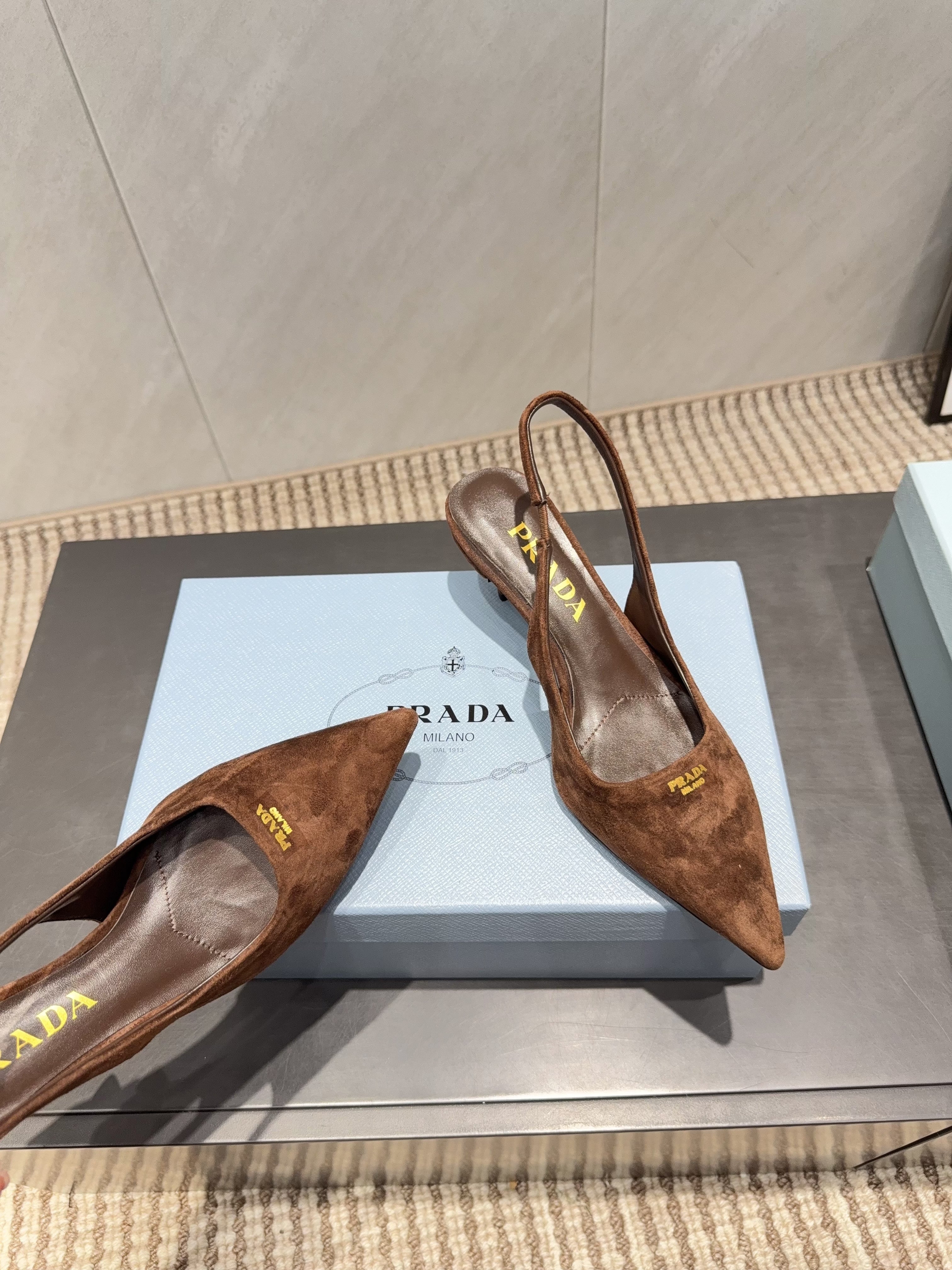 PRADA 26S POINTED TOE SLINGBACK HIGH HEELS 55MM IN BROWN SUEDE