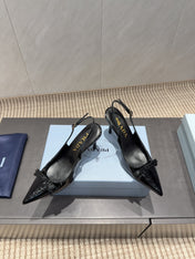 PRADA 26S POINTED TOE SLINGBACK HIGH HEELS 85MM IN BLACK CALFSKIN WITH BOW