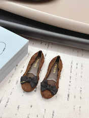PRADA 26S ROUND TOE FLATS WITH BOW IN DARK BROWN SUEDE