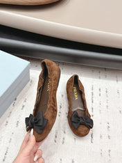 PRADA 26S ROUND TOE FLATS WITH BOW IN DARK BROWN SUEDE