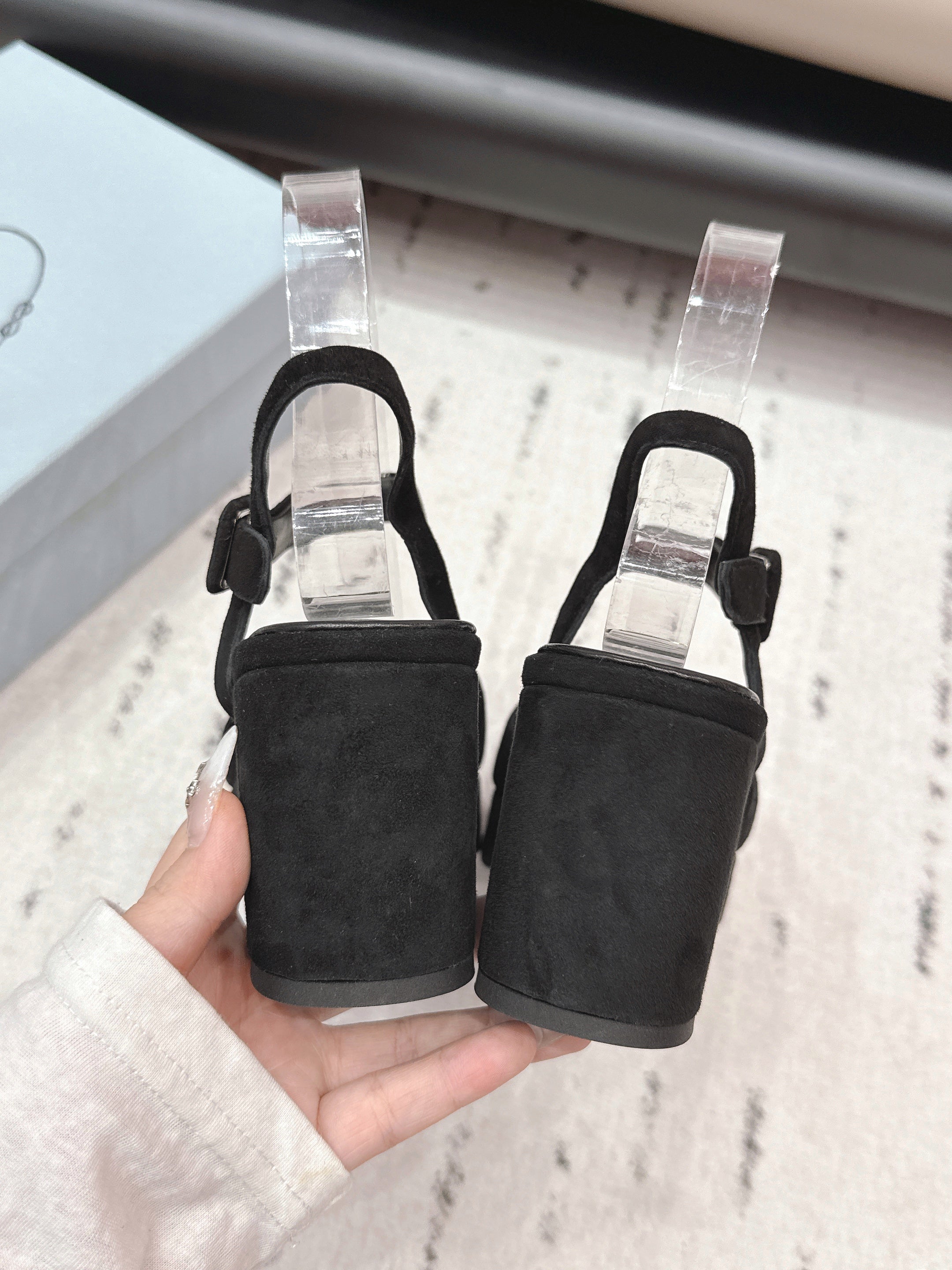 PRADA 26S HEELED SANDALS 75MM IN BLACK SUEDE WITH LOGO