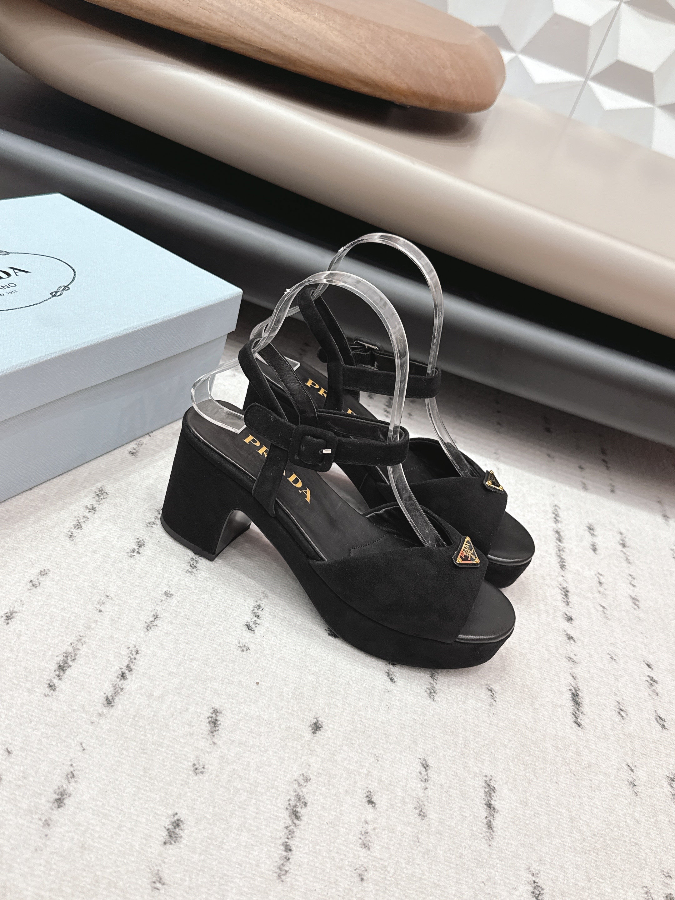 PRADA 26S HEELED SANDALS 75MM IN BLACK SUEDE WITH LOGO