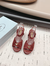 PRADA 26S HEELED SANDALS 75MM IN DARK RED SUEDE WITH LOGO