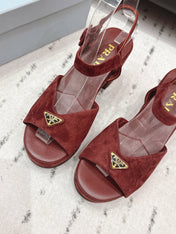 PRADA 26S HEELED SANDALS 75MM IN DARK RED SUEDE WITH LOGO