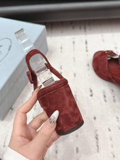 PRADA 26S HEELED SANDALS 75MM IN DARK RED SUEDE WITH LOGO