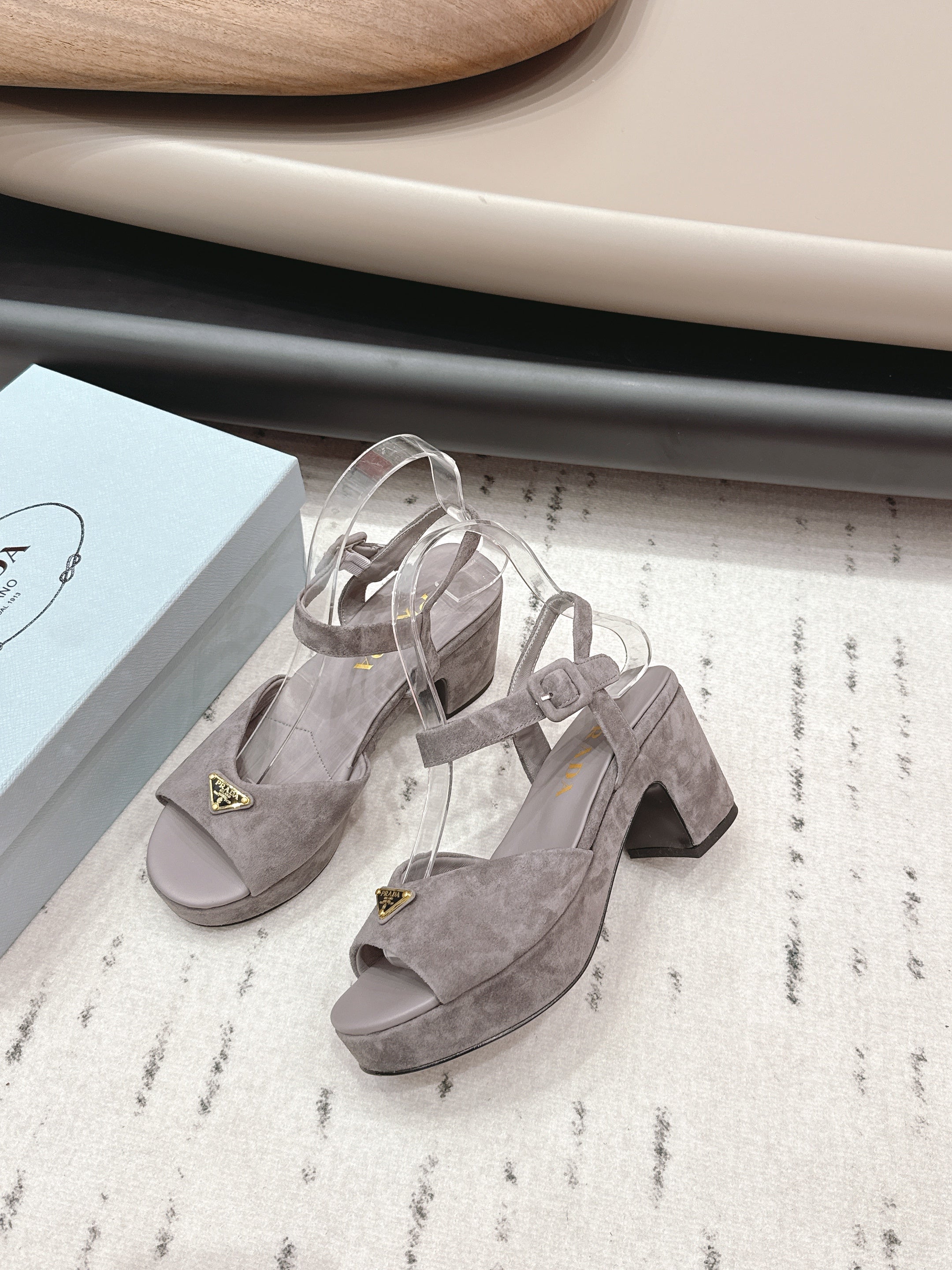 PRADA 26S HEELED SANDALS 75MM IN TAUPE BROWN SUEDE WITH LOGO